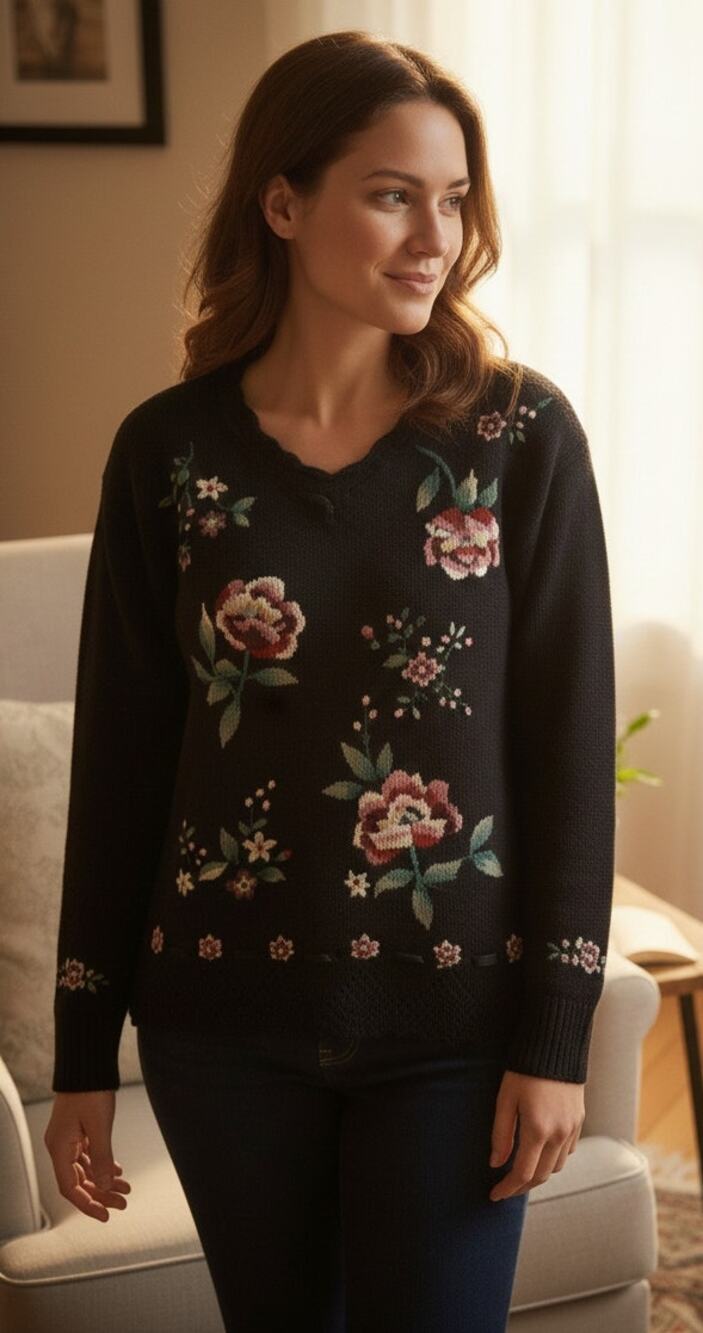Vintage Capacity Women Large Black Knit Embroidered Floral Ribbon 90s Sweater